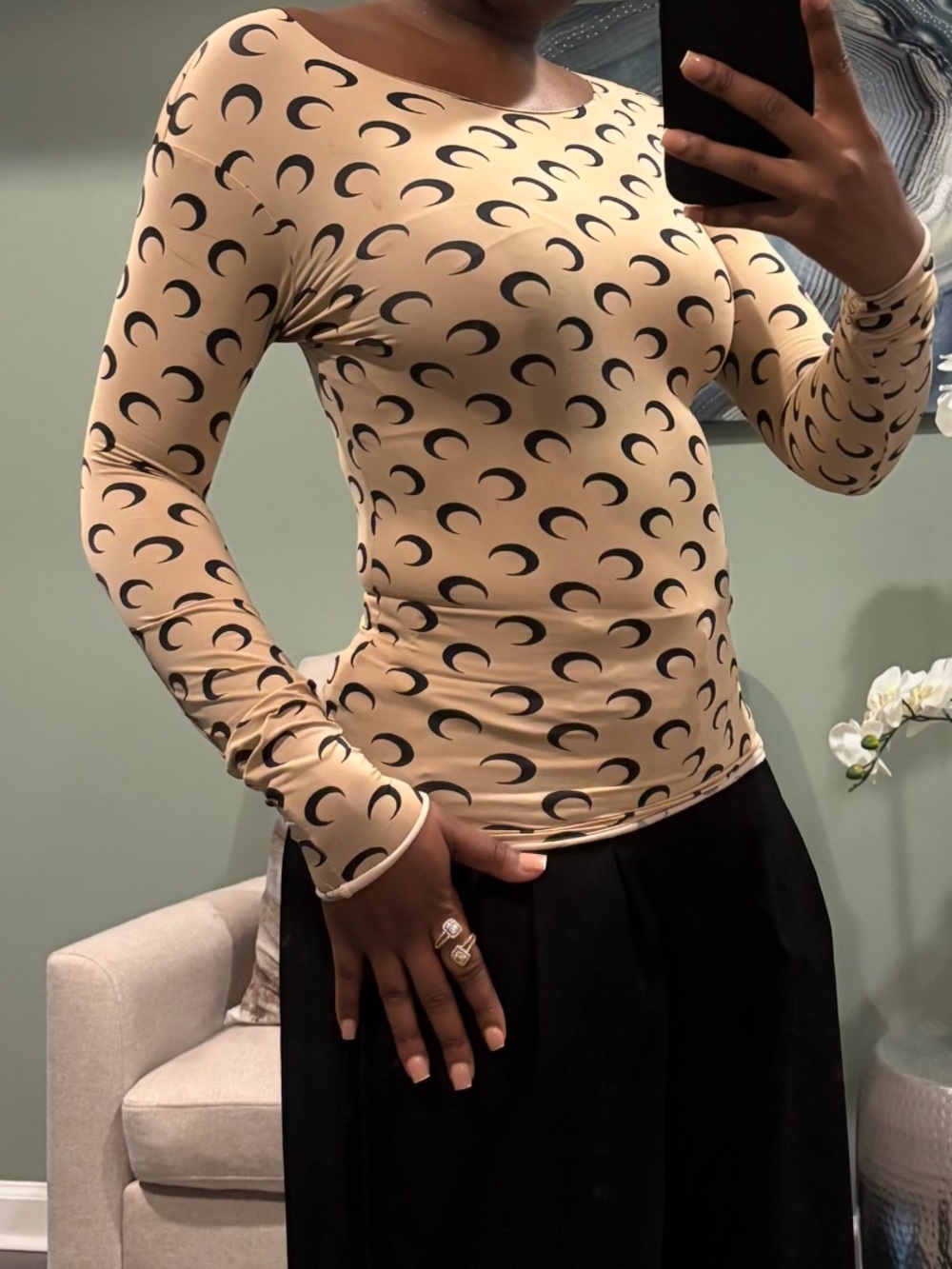 Marine Serre Beige Top with Black Crescent Moon Print